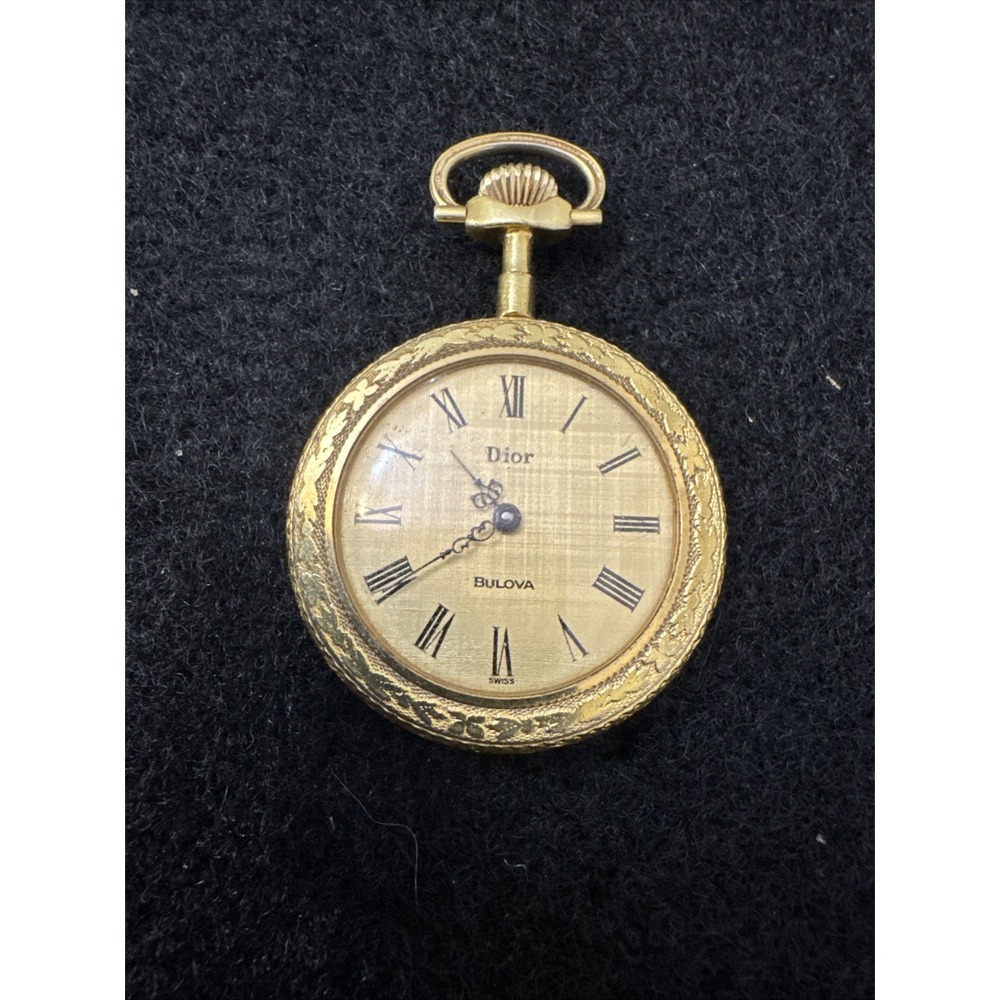 Vintage Bulova for Dior Working Necklace Pocket Watch Pendant Gold Tone